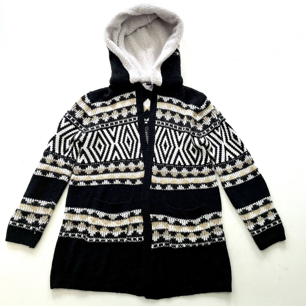 No Boundaries Girls Large Black Fair Isle Sherpa Hood Cardigan Knit Sweater Cozy